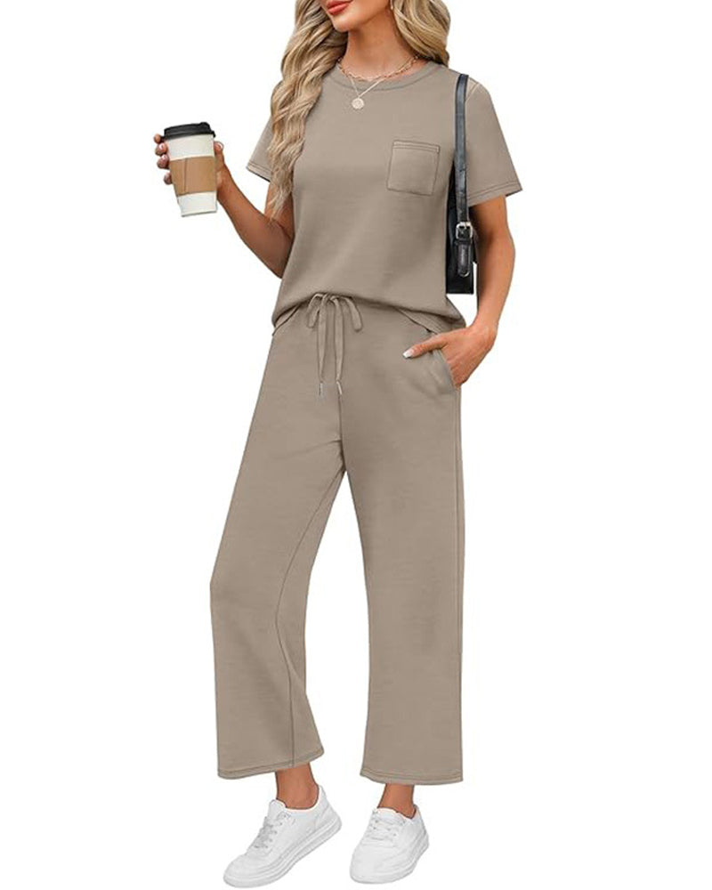 Solid Color Short Sleeve and Long Pants Set