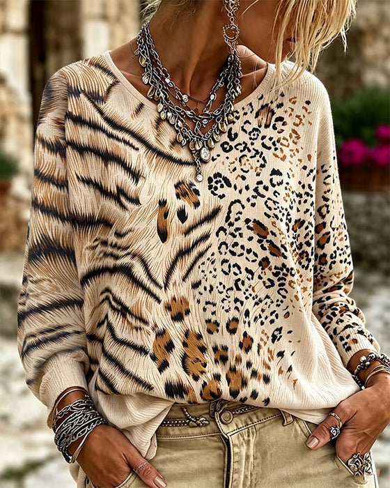 Crew Neck Leopard Long Sleeve Blouse