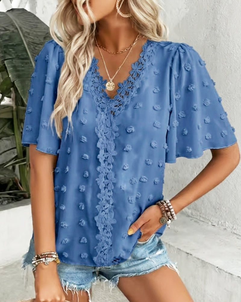 Spliced Jacquard Ruffle Sleeve Blouse