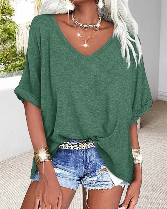 V-Neck Rolled-Hem Short-Sleeved Loose T-Shirt