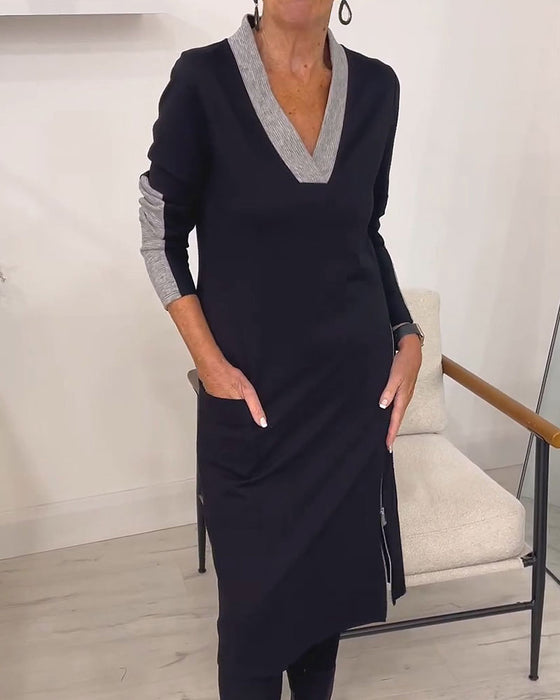 Color Block V-Neck Knit Midi Dress