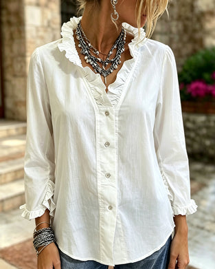 Ruffle Trim Button Solid Long Sleeve Blouse