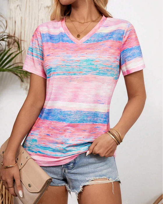 V-Neck Colorful Striped Versatile T-Shirt