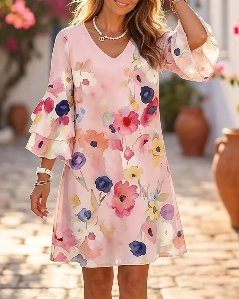 Watercolor Print Flare Sleeve Short Dress