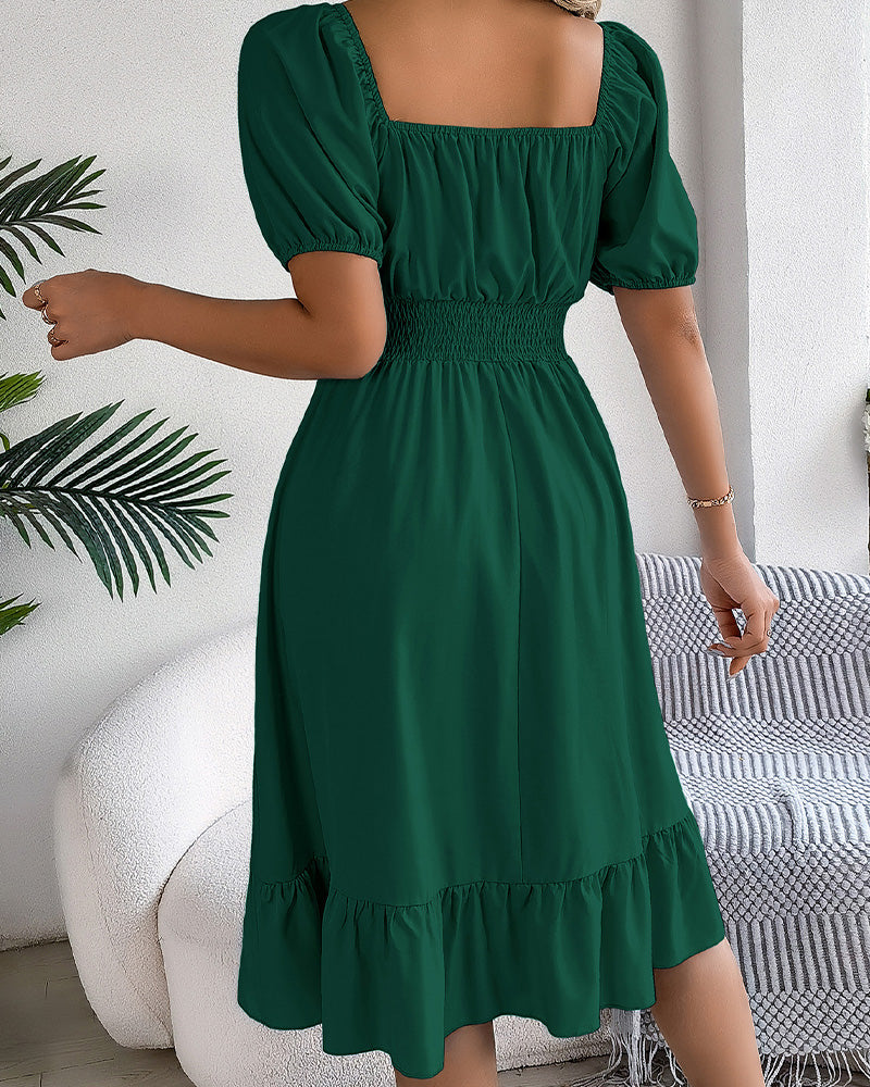 Square Neck Cinched Waist Ruffle A-Line Dress