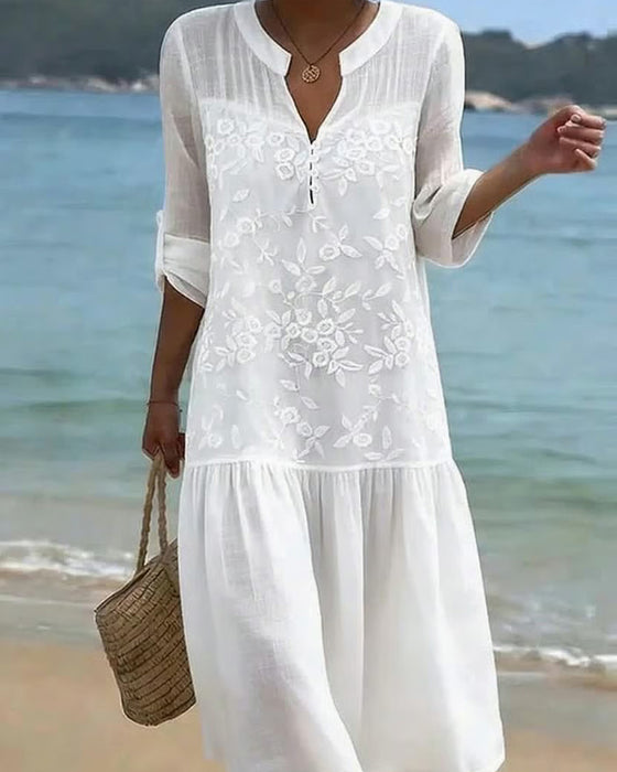 V-Neck Embroidered Vacation Style Dress