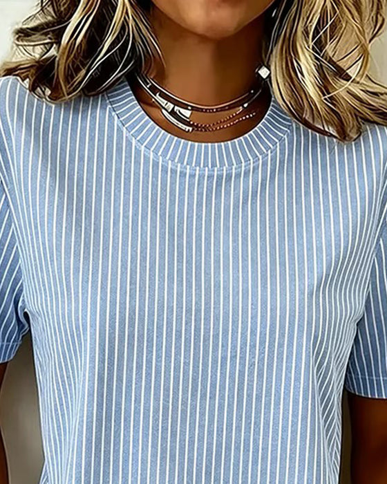Blue and White Vertical Stripe Crew Neck Top