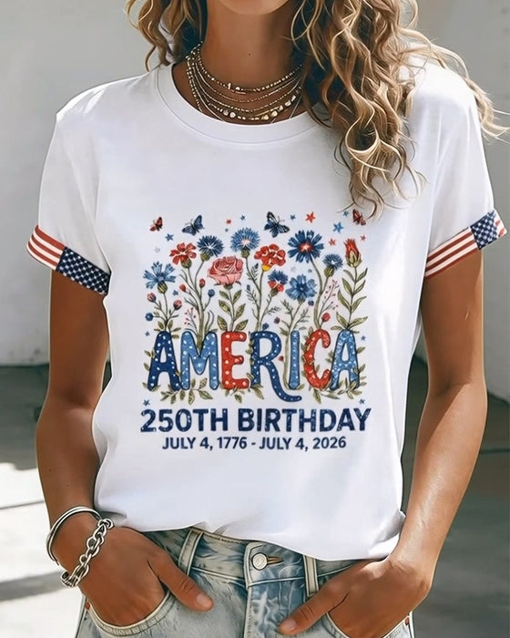 Round Neck Letter Colorful Floral Print T-Shirt