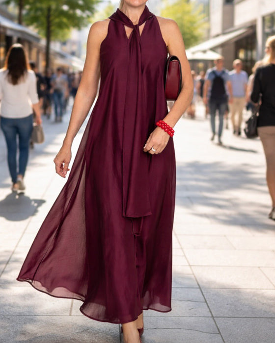 Halter-Neck Maxi Skirt Solid Light Chiffon Dress
