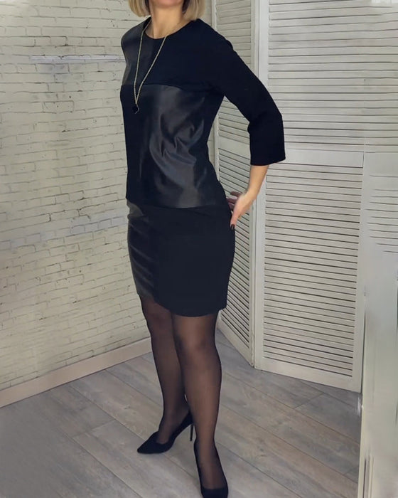 PU leather patchwork round neck dress