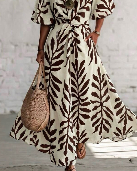 One-Shoulder Leaves Pattern Waist Dress