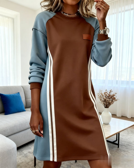 Long-Sleeved Color Block Round Neck Straight Dress