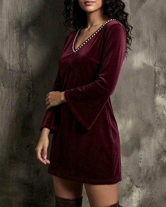 V-Neck Flare Sleeve Long Sleeve Dress