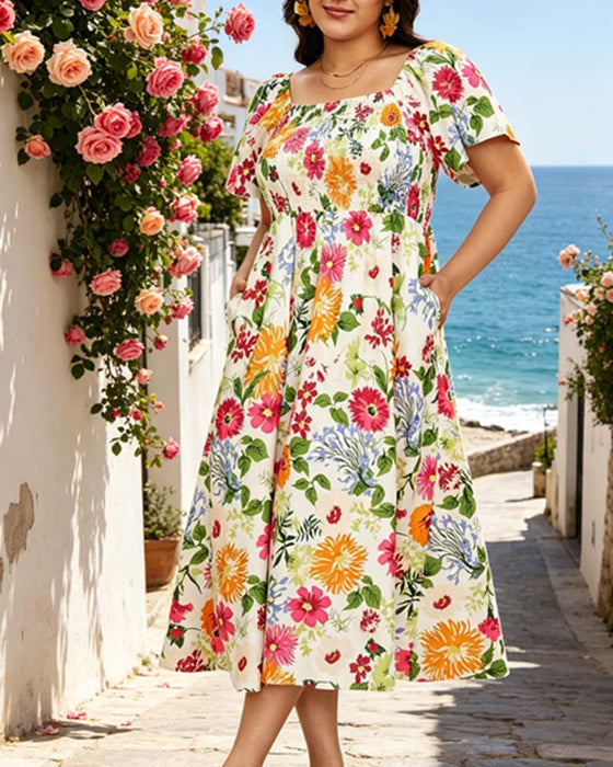 Square Neck Floral Smocked Waist Dress