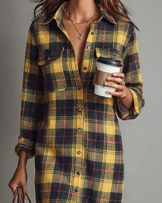Shirt Collar Plaid Long Sleeve Dress