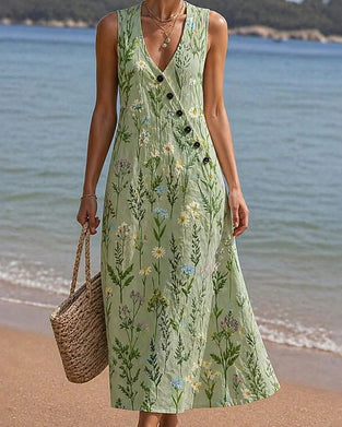Diagonal Button Sleeveless V-Neck Floral Dress