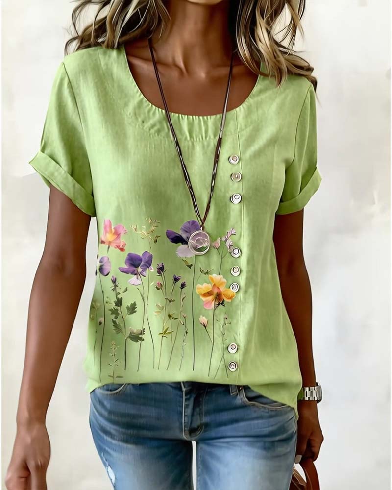 Floral Print Crew Neck Short Sleeve T-Shirt