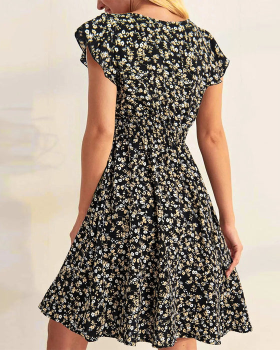 Crew Neck Elastic Shirring Floral Dress