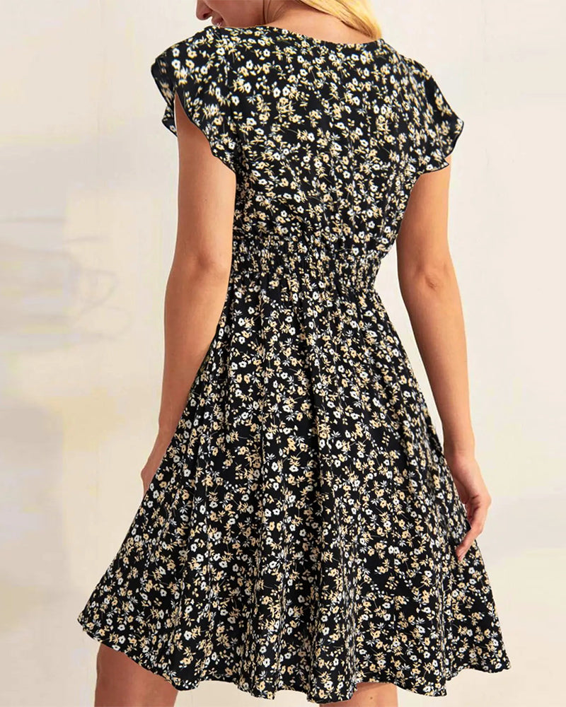 Crew Neck Elastic Shirring Floral Dress