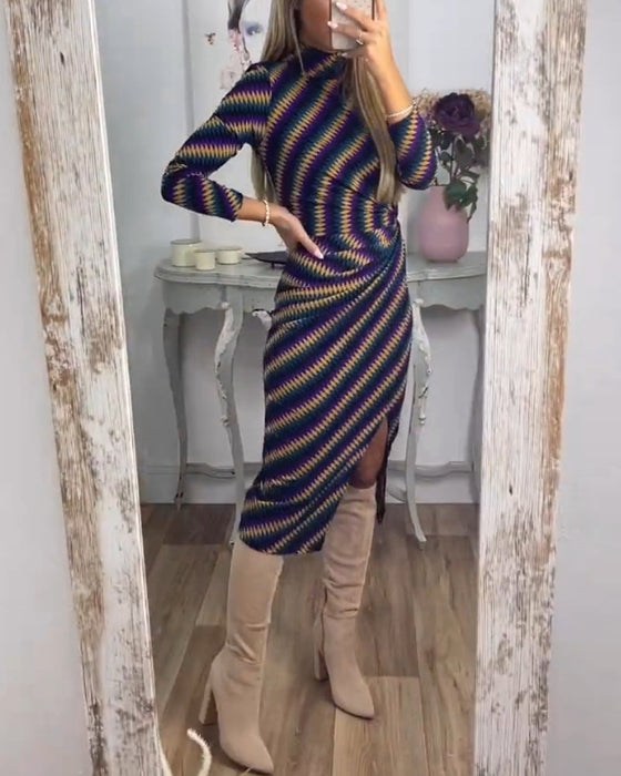 Sexy Dress with Striped and High Neck