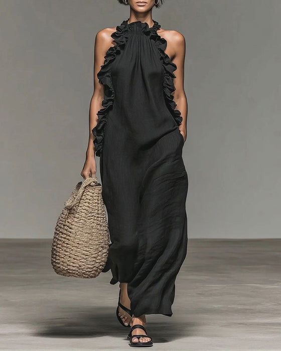 Halterneck Ruffled Long Dress