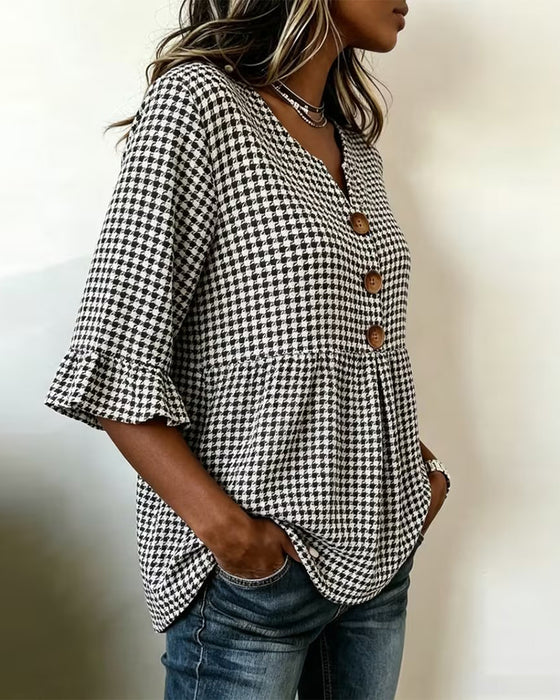 Houndstooth Three-Button Casual Blouse
