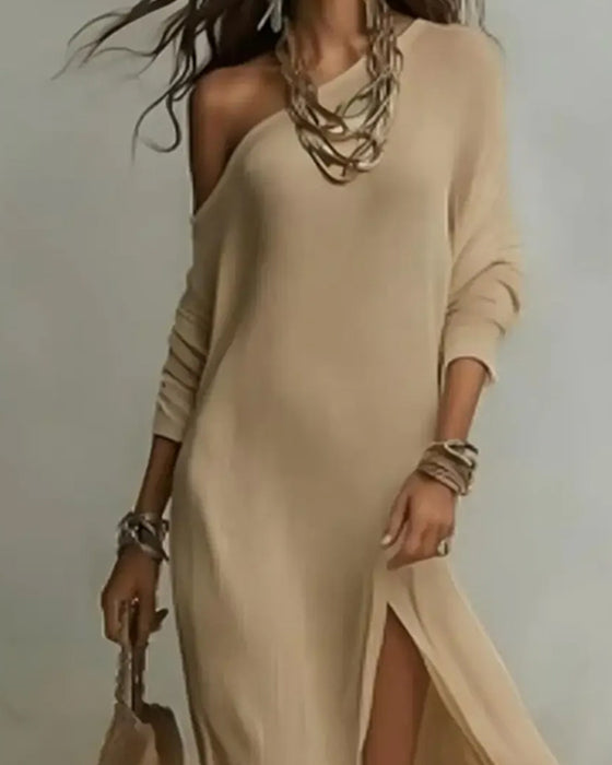 Off-Shoulder Short-Sleeve Slit Long Dresses