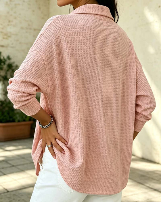 Waffle Lapel Long Sleeve Top