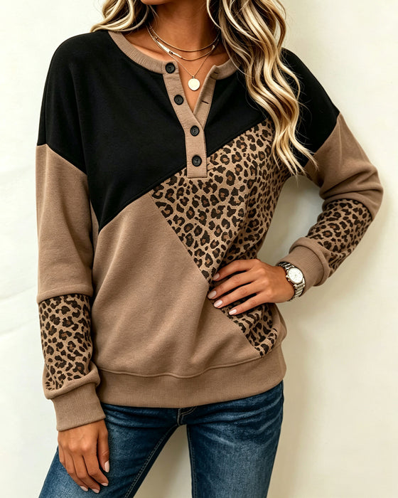 Contrast Buttoned Leopard Print Sweatshirt
