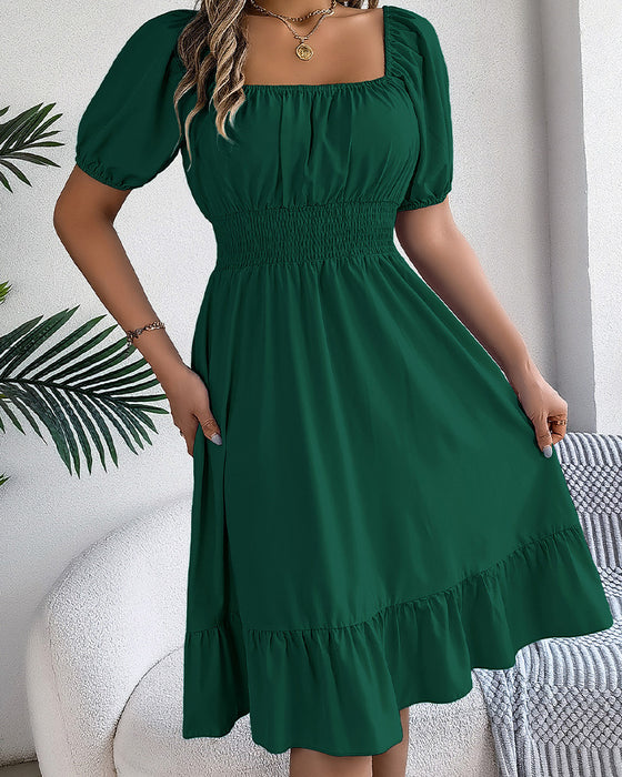 Square Neck Cinched Waist Ruffle A-Line Dress