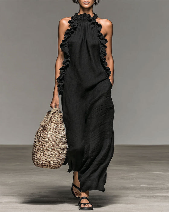 Halterneck Ruffled Long Dress