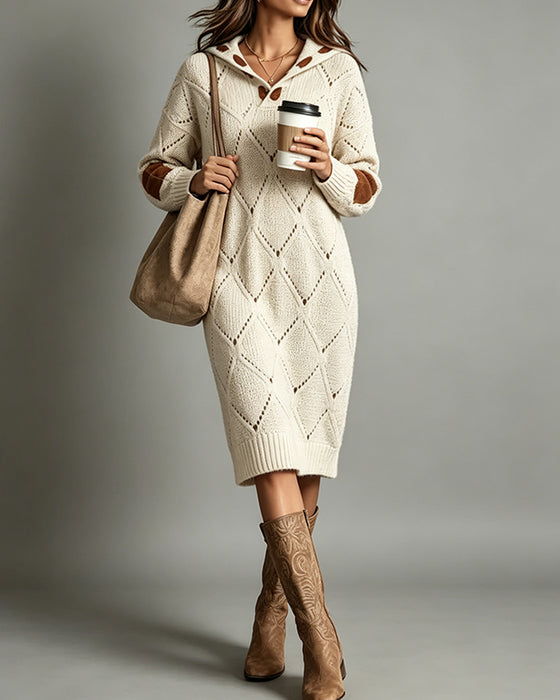 Hooded Contrasting Hollow Out Sweater Dress