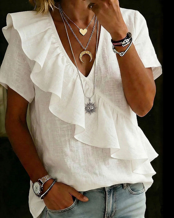 V-Neck Short-Sleeve Ruffled Blouse
