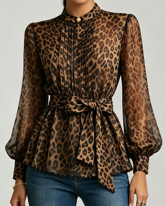 Leopard Print Stand Collar Puff Sleeve Lace Up Blouse