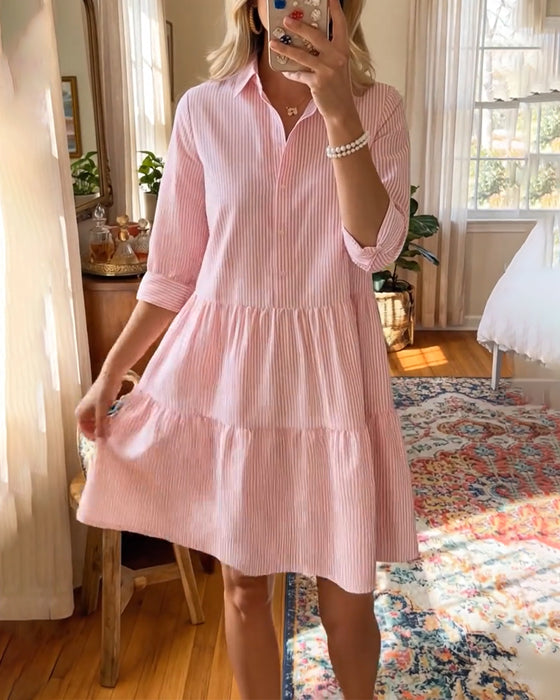 Shirt Collar Striped Patchwork Dress
