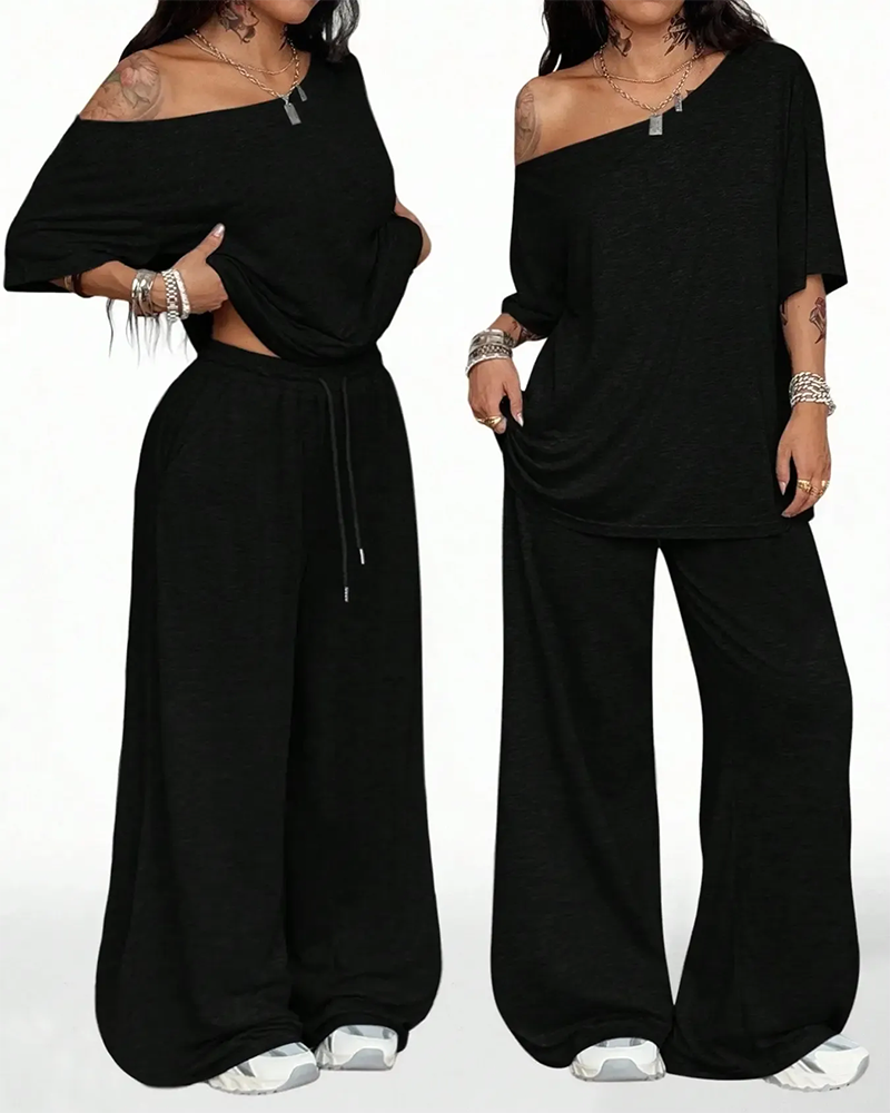 Oblique Neck Drawstring Waist Wide Leg Pants Set