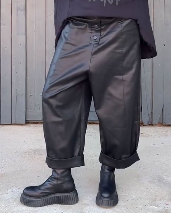 High Waist Wide Leg Rolled Hem Pants