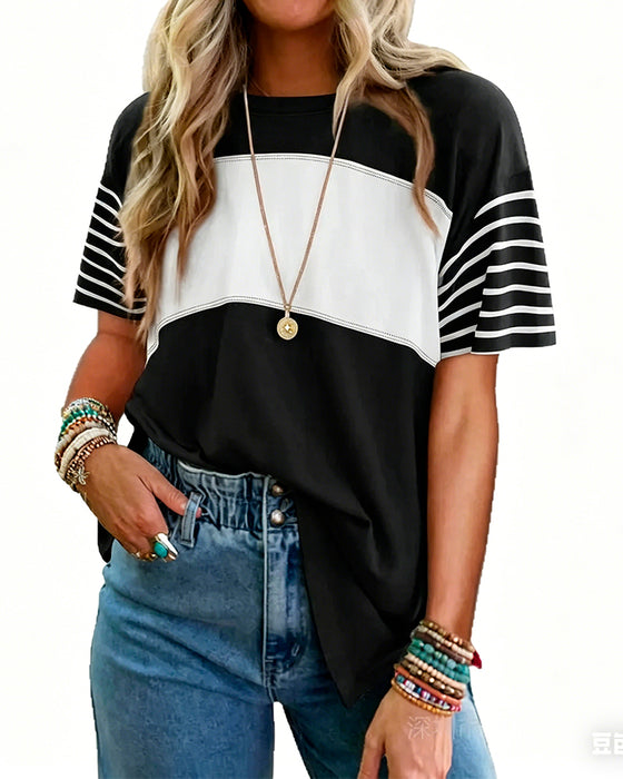 Pullover Striped Color-Block Short-Sleeve T-Shirt