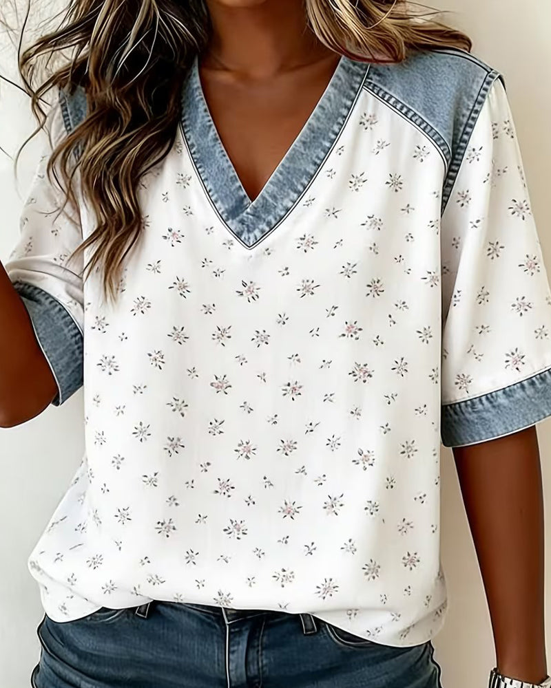 Floral-Patchwork Denim V-Neck Blouses