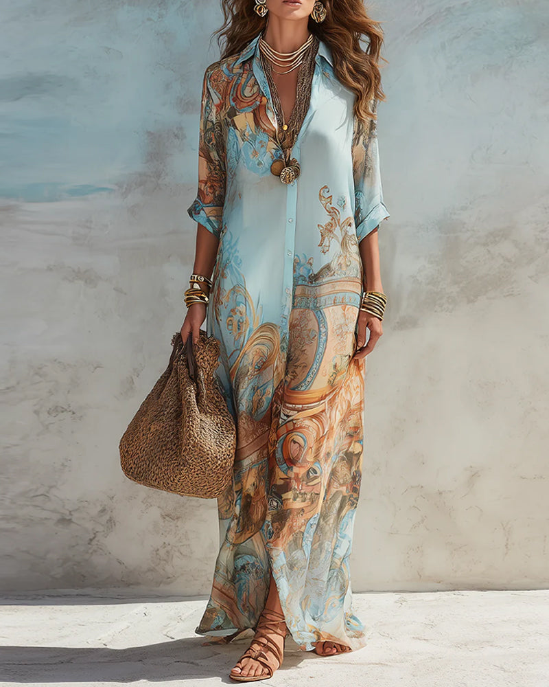 Vintage Oil Painting Print Shirt Maxi Dress