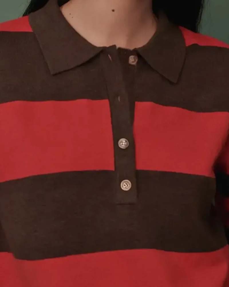 Wide Striped Buttoned Lapel Pullover