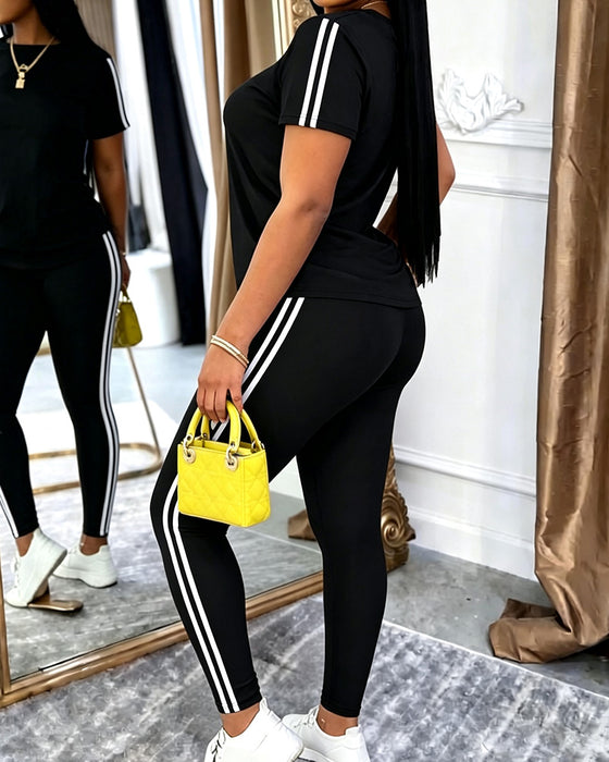 Striped Short-Sleeved Long Sweatpants Set