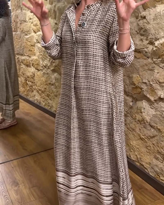 Button Plaid Pocket Slit Dress