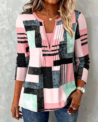 Color-Blocked V-Neck Long-Sleeved Top