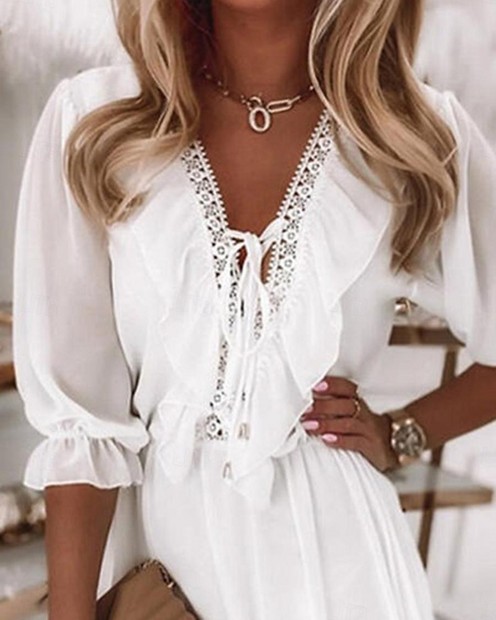 Lace V-neck Ruffle Short Dress