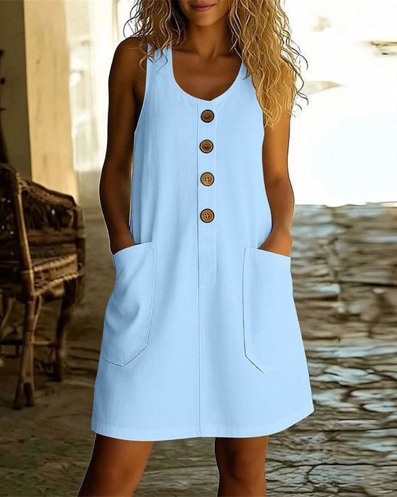 Solid Color U-Neck Button Front Dress