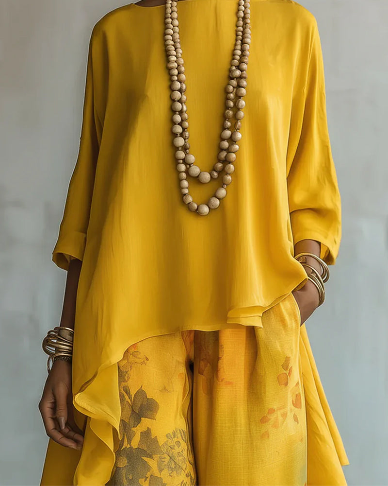 Asymmetrical Hem Top Wide Leg Pant Set
