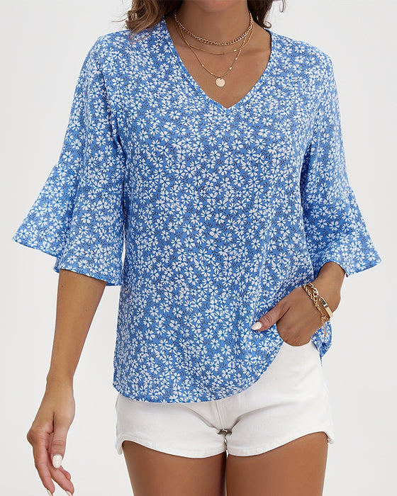V-Neck Floral Butterfly Sleeve Blouse