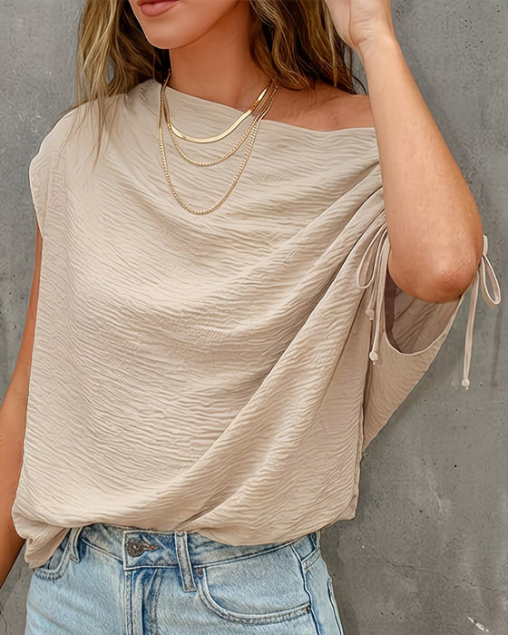 Solid Color Drawstring One Shoulder Blouse