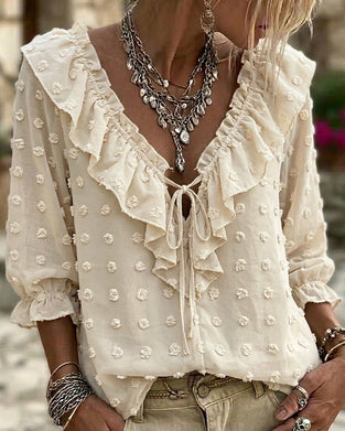 V-Neck Polka Dot Jacquard Bubble Sleeve Blouse